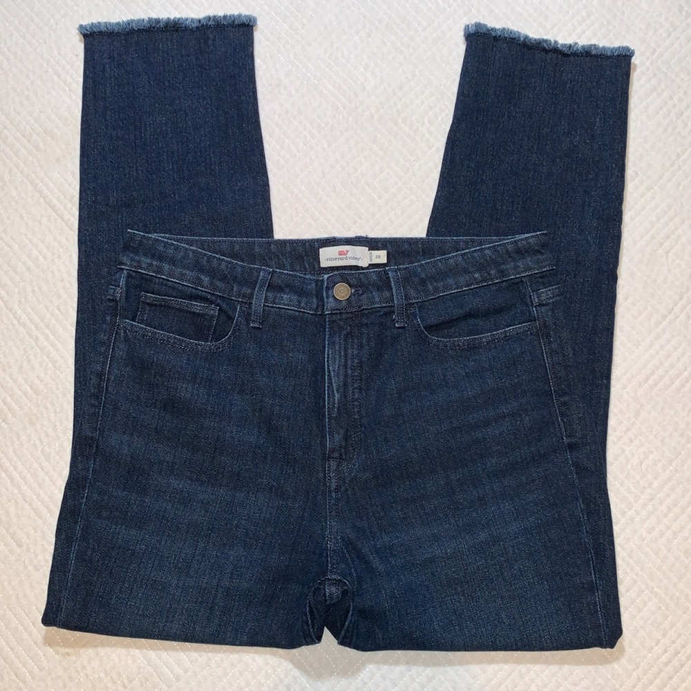 Vineyard Vines Straight Leg Crop High Rise Raw Hem Jeans, Dark Wash, Size 29